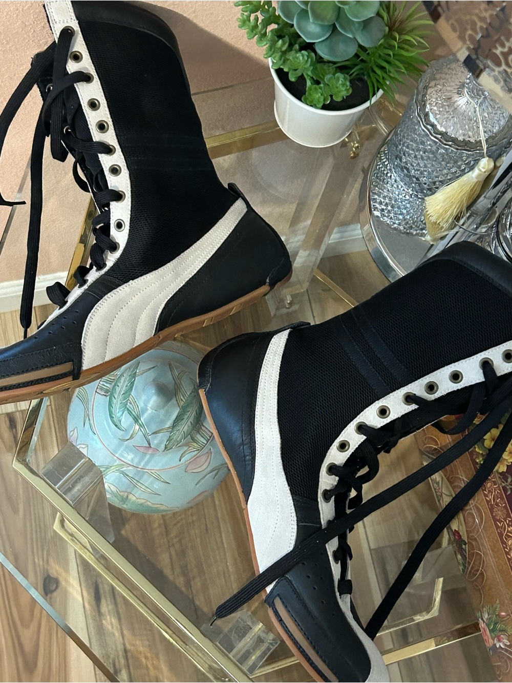 Vintage Puma Schattenboxen Boxing Boots Black and Cream High-Top Sneakers 11/12 - Picture 6 of 16